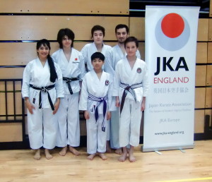 (Click to Enlarge) Sensei Shahinaz , Patrick, Adam, Edward, Jaydn and William, at the JKA England Course at the Olympic Park January 2016.