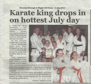 ( Click to Enlarge) Bromley & South East London JKA Karate Club in the Newspapers!! Sensei Ohta with with Sensei Shahinaz, Ptrick  a Small group of the Students  of the Club, Wednesday 1st July 2015