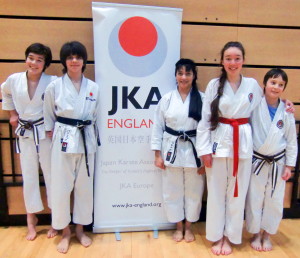 (Click to Enlarge)Sensei Shahinaz , Patrick, Charlotte, Edward and William, at the JKA England Course at the Olympic Park February 2015.