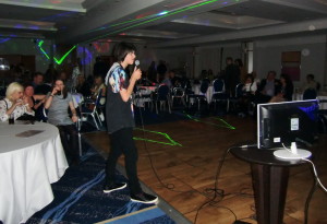 (Click to Enlarge) After long hours of training, Patrick is having fun at the Karaoke Night at the JKA England International Course.,May 2015.