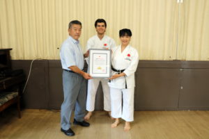 (Click to Enlarge) Sensei Shahinaz & Sensei Patrick with JKA England Chief Instructor Sensei Ohta, 7th Dan, 2023.