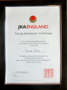 (Click to Enlarge) Bromley & South East London JKA Karate Club, Patrick Pelter JKAE Junior Instructor's Certificate. 