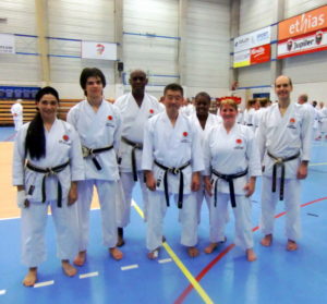 (Click to Enlarge) Sensei Shahinaz Pelter & Junior JKAE Instructor Patrick Pelter with Sensei Ohta Sensei Roy & JKAE Group in JKA Europe Gasshuku in Brussels. November 2017. 