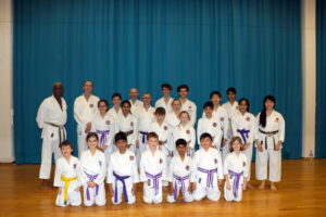 (Click to Enlarge) Guest Instructor Sensei Roy Tomlin, MBE, 6th Dan, Sensei Shahinaz Pelter, 3rd Dan, Sensei Patrick Pelter, 2nd Dan, & members of Bromley & South East London JKA Karate Club who attended the second session dedicated to high grades, April 2019. 