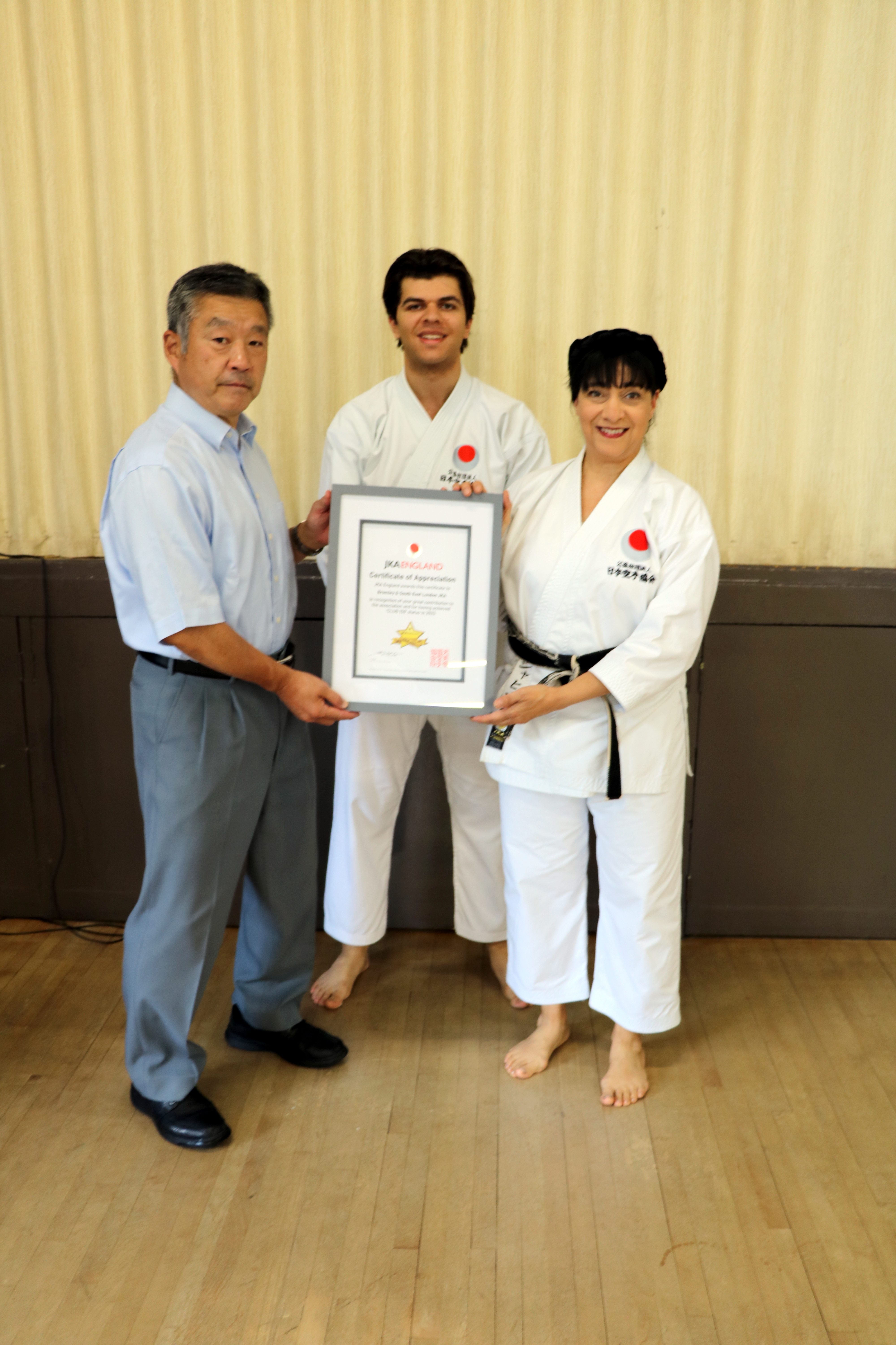 Sensei Shahinaz (Sandan),Sensei Patrick (Nidan) with Sensei Ohta (7th Dan), JKA England highest Award Certificate Received in 2023!